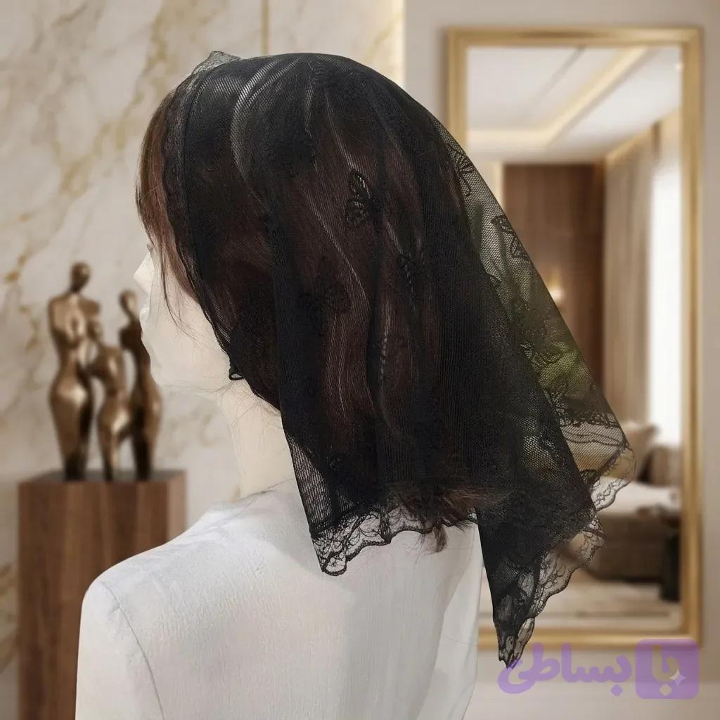 مینی اسکارف تور پروانه ای مشکی سایز 70 در 70 دور دانتل