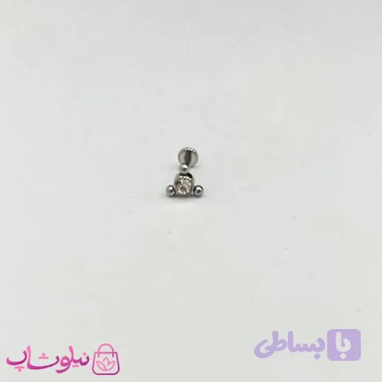 پیرسینگ گوش طرح تک نگین سفید نقره ای کد 27