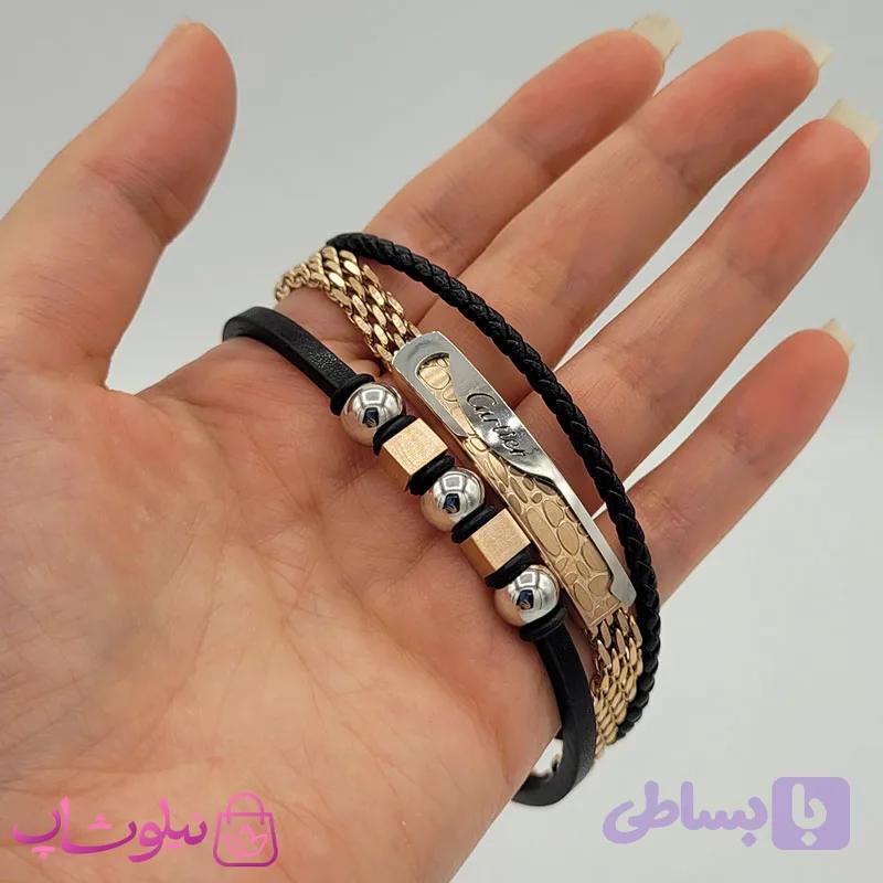 دستبند مردانه سه ردیفه چرم استیل کد 1053-3