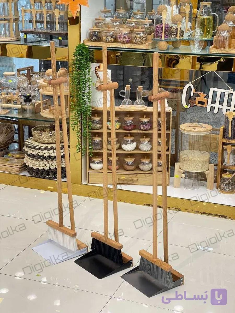 ست جارو و خاک انداز دسته بلند چوبی مدل مدرن (چوب راش و فلز رنگ کوره ای)