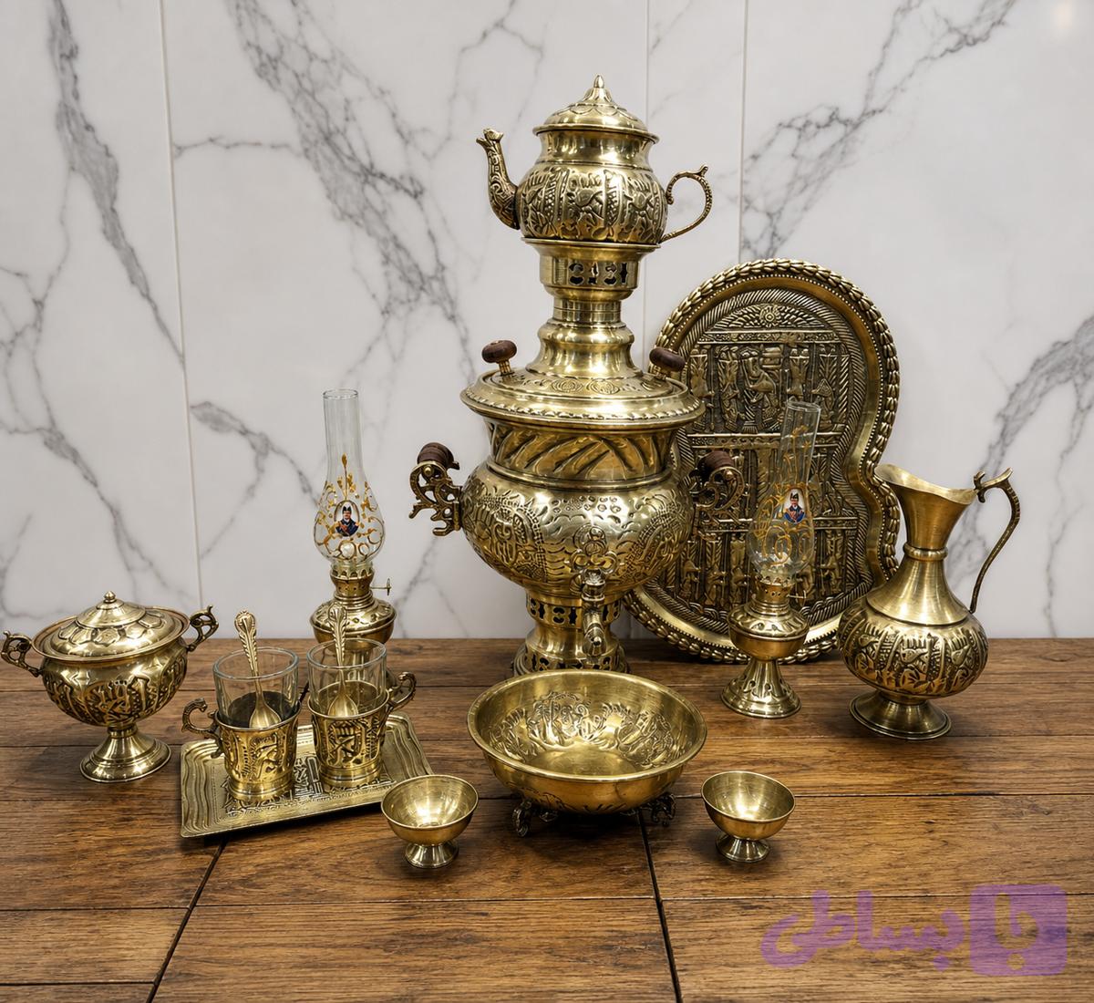 سماور زغالی برنجی ۳.۵ لیتر ست ۱۵ پارچه