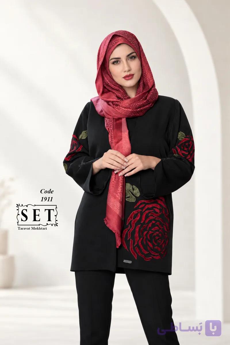 مانتو مجلسی مخمل دوزی قرمز کلاسیک مدل رزا برند SET