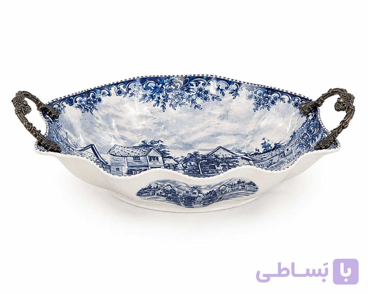 کشکول پذیرایی سرامیکی دستهدار طرح کلاسیک آبی سفی