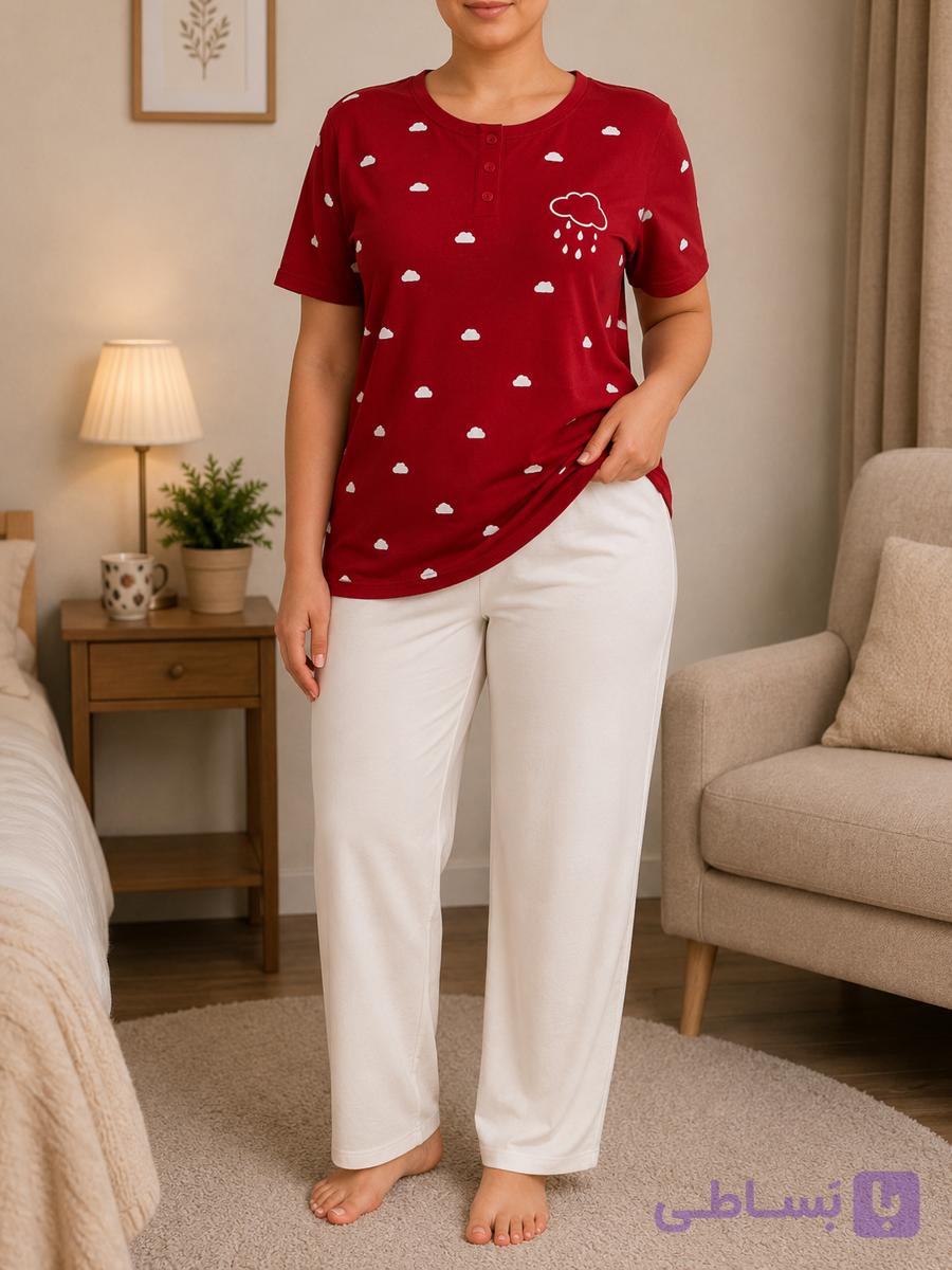 تیشرت زنانه دکمهدار طرح ابر - تیشرت آستین کوتاه تابستانه
