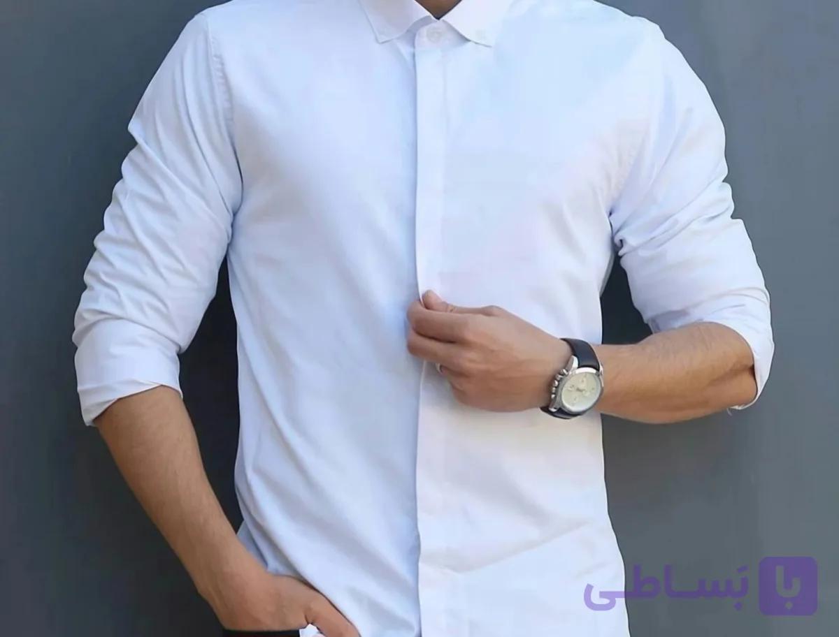 پیراهن سفید مردانه دوشین دکمه مخفی و ساده