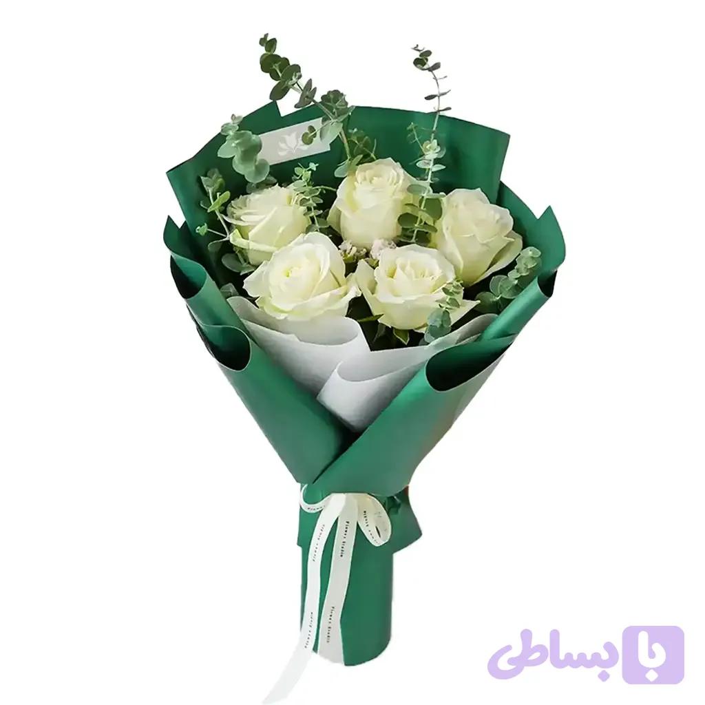 دستهگل رز سفید و اوکالیپتوس Elegant Blossom Bouquet No.10