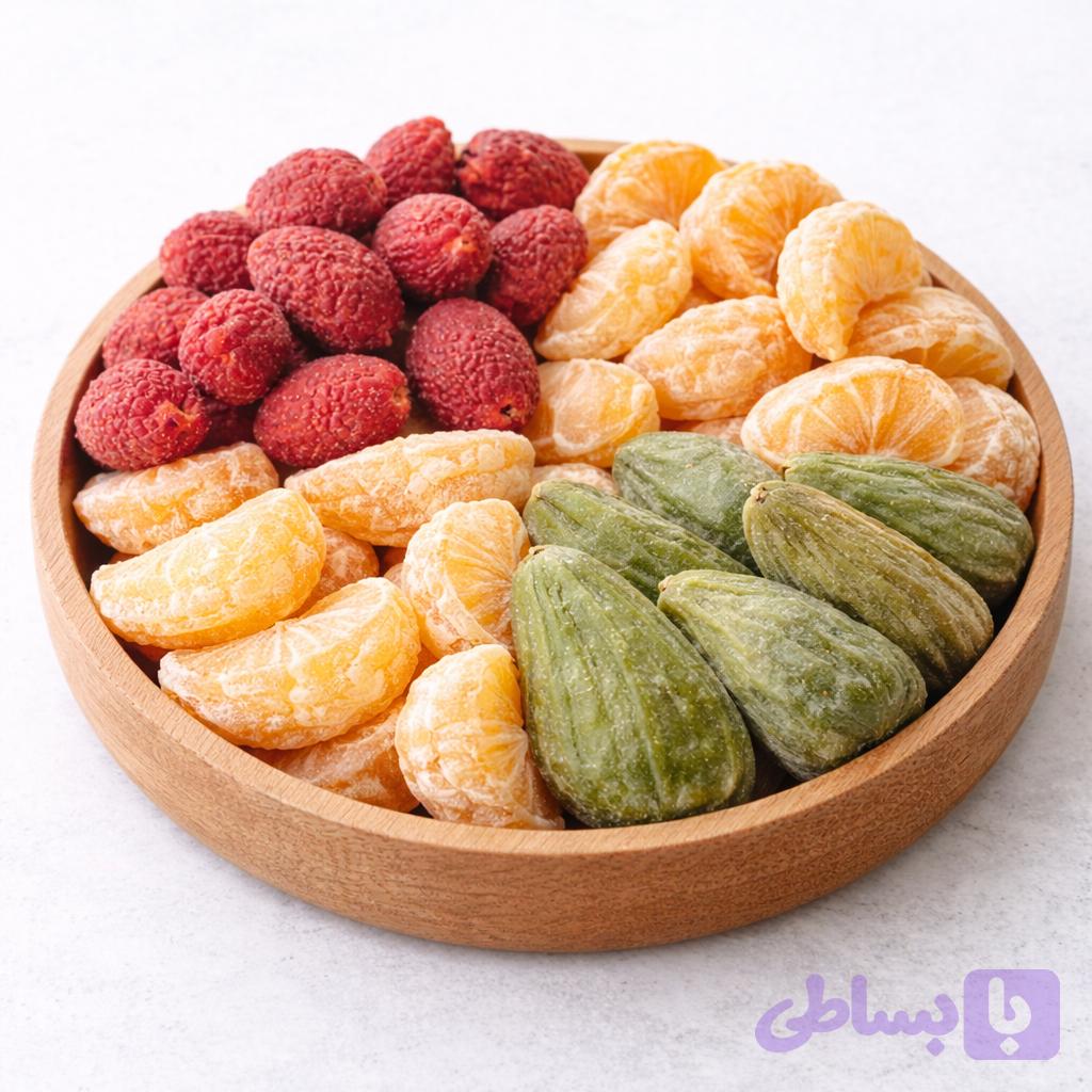 میوه خشک پفکی مخلوط توت فرنگی انجیر نارنگی جیلی میکس