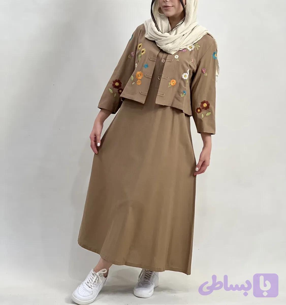 کت و سارافن الیاف طبیعی گلدوزی مدل بابونه