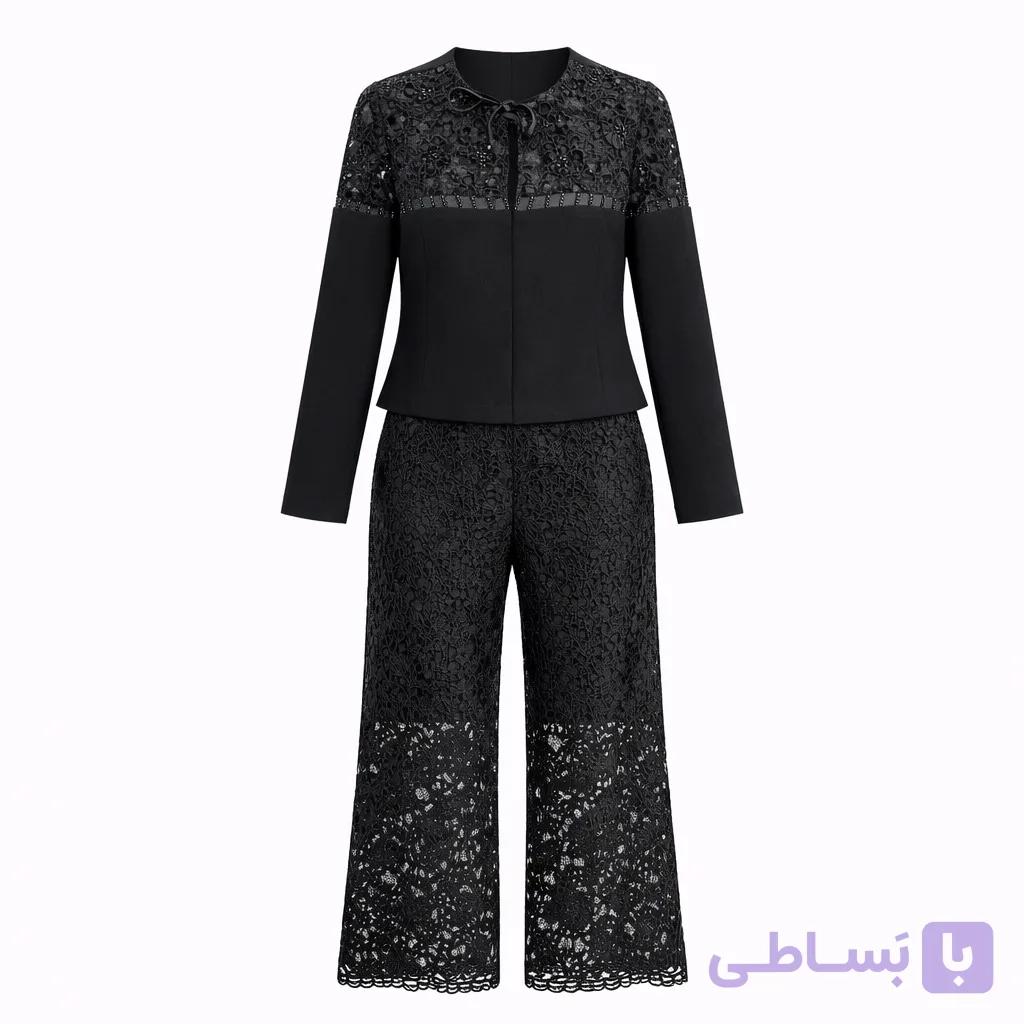 کت و شلوار زنانه ۲ پی اس گیپور مخمل مشکی سایز 36 تا 48