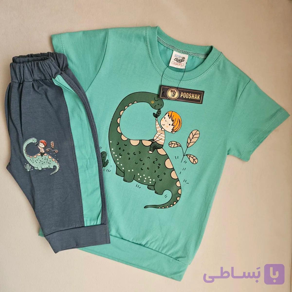 ست تیشرت شلوار نخ پنبه پسرانه با طرح چاپی دایناسور
