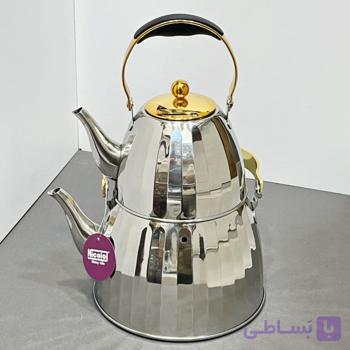 کتری قوری استیل ۲.۵ لیتر Nicolo shiny home دسته بغل کد ۳۰ در سه رنگ طلایی، نقرهای و مسی
