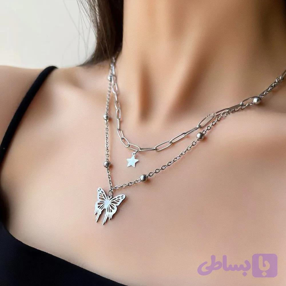 گردنبند دولاین پروانه و ستاره سیلور