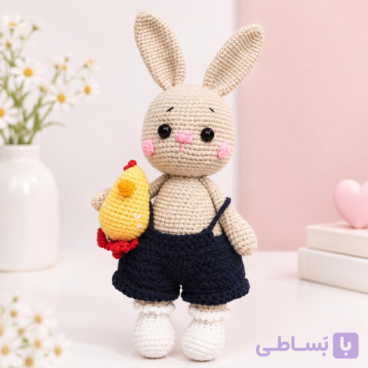 عروسک بافتنی دستبافت خرگوش با جوجه کوچولو (قد ۲۸ سانتیمتر)