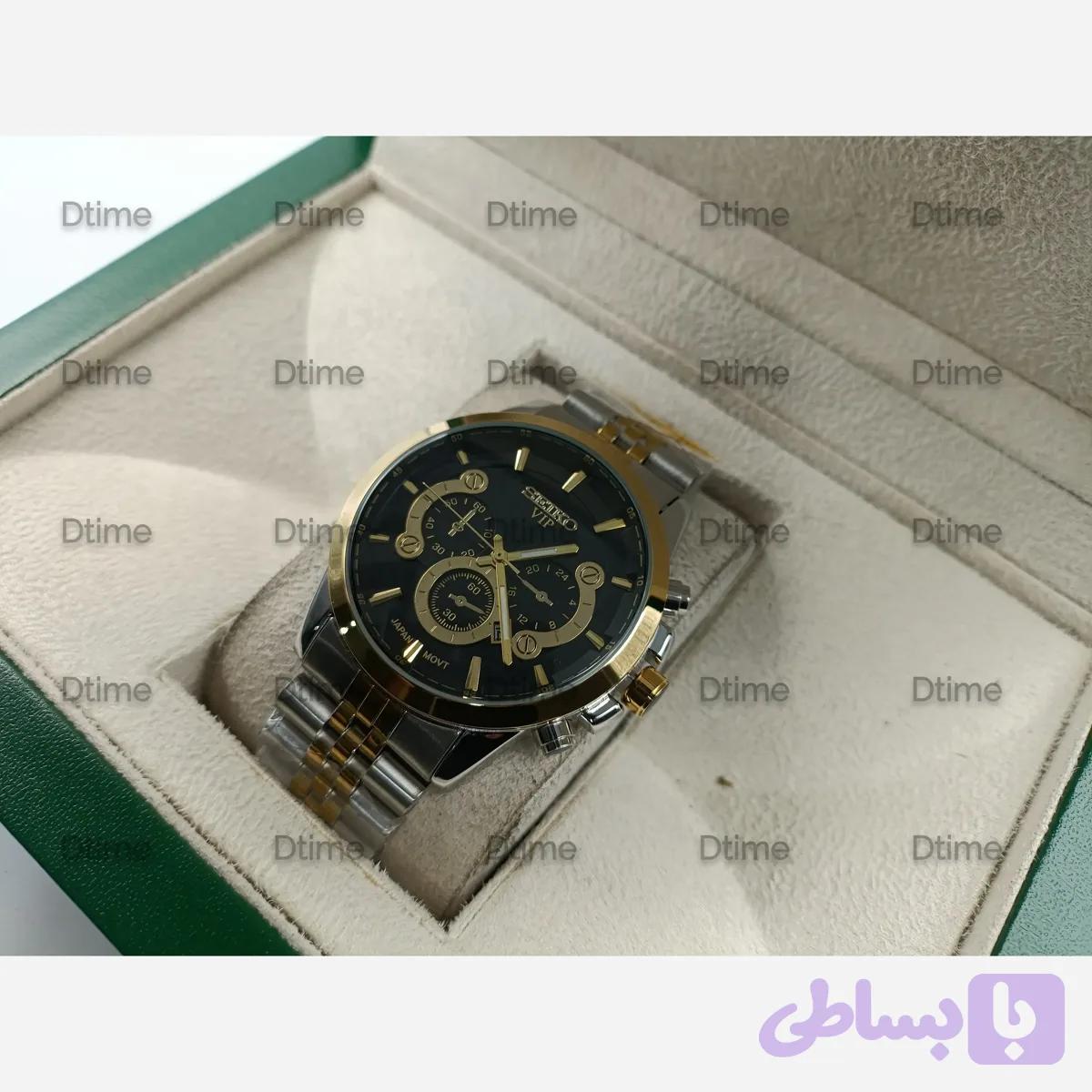 ساعت مچی مردانه سیکو دو رنگ طلایی صفحه مشکی طرح سه موتور مدل 5748